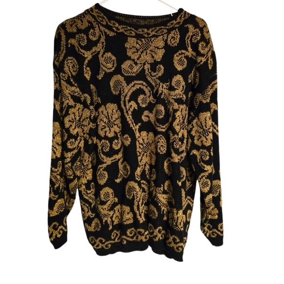 Alfred Dunner Black and Gold Patterned Sweater Vintage Size Large - Picture 1 of 5